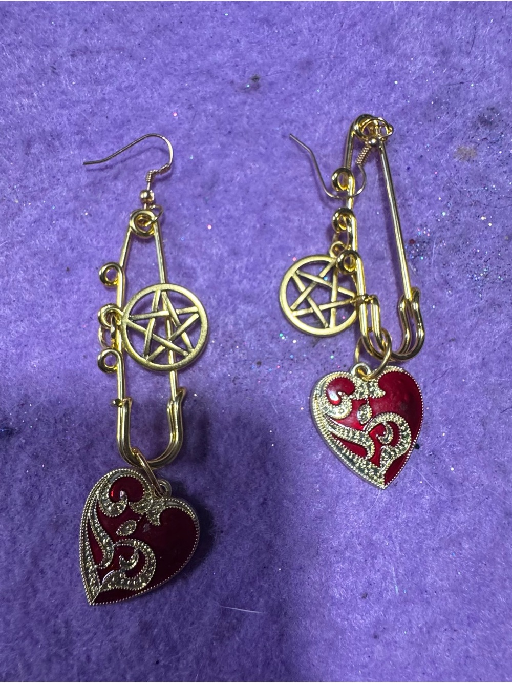 Gold & Red gothic Heart Pendant Safety Pin Wiccan star Earrings